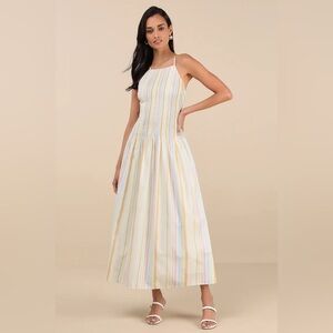 Lulus Jalessa Light Yellow Multi Striped Drop Waist Midi Dress - Size XL
